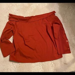 NEW-Eloquii Women's Folder-Over Off-The-Shoulder Poplin Shirt Burnt Orange